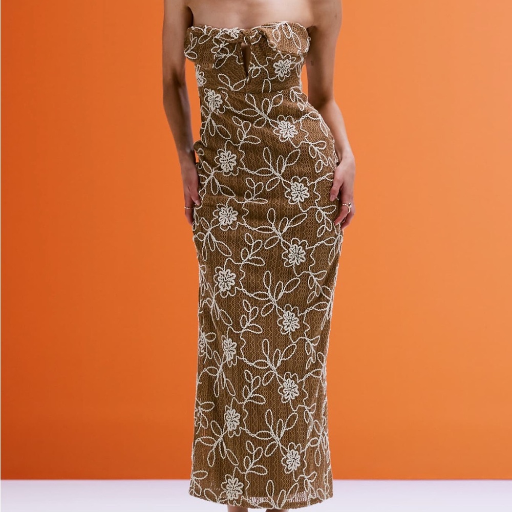 ASOS Brown Strapless Floral Lace Maxi Dress